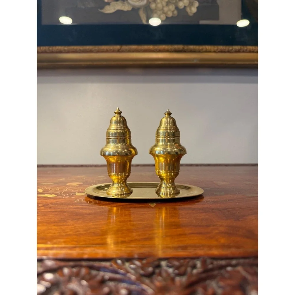 Vintage Brass Salt and Pepper‎ Shaker Set with Tray